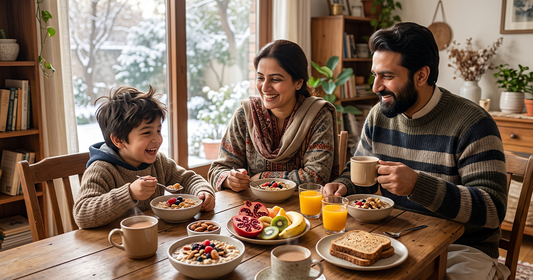 Pakistani family eating healthy winter breakfast for immunity